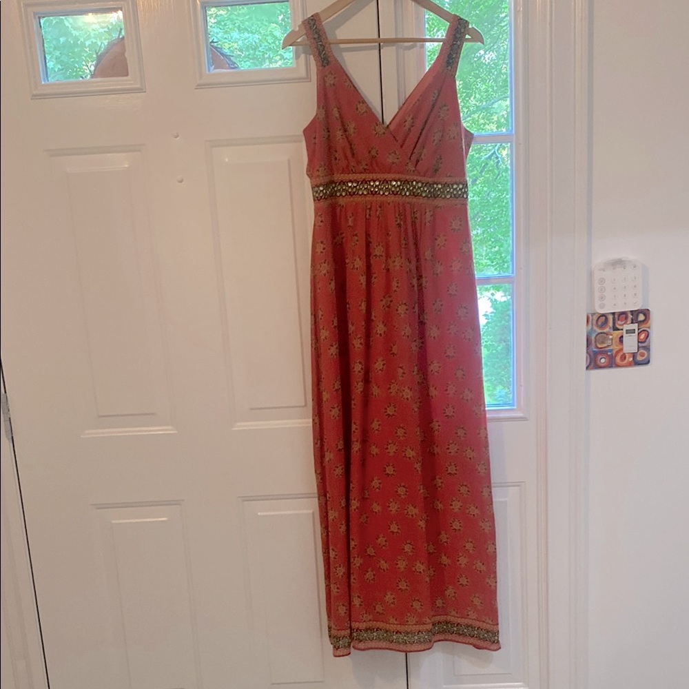 Macy's Orange Pink Sleeveless V-Neck Maxi Sundress